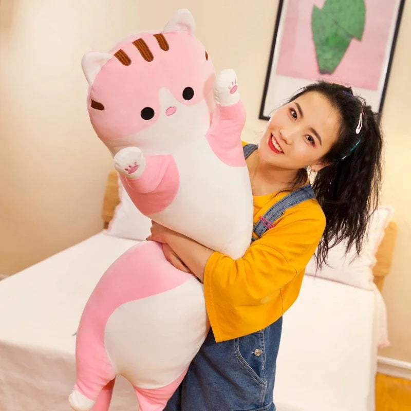 Cute Cat Plush Toy Long Pink Brown Grey Sleeping Cats Leg Pillow Squishy Little Animal Doll Appeasing Plushie Gift
